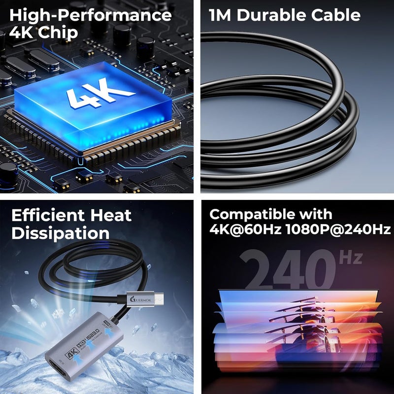 Guermok Switch Capture Card, Stream and Record in 4K@60FPS, 1080P@240FPS, 3.3ft, USB3.0 HDMI to USBC Video Capture Card for Streaming, Works with iPad, Switch 2/1, PS5/4, Quest 3/Mac/PC/OBS/Xbox - Image 4